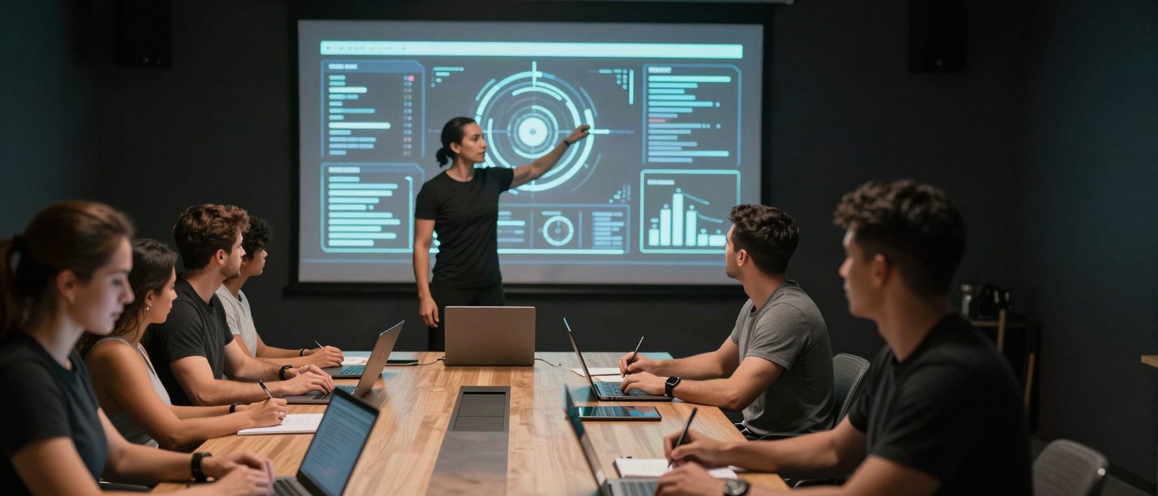Clase en vivo de la Academia tuCOACH: una instructora señala un panel de datos ante un grupo de entrenadores con portátiles