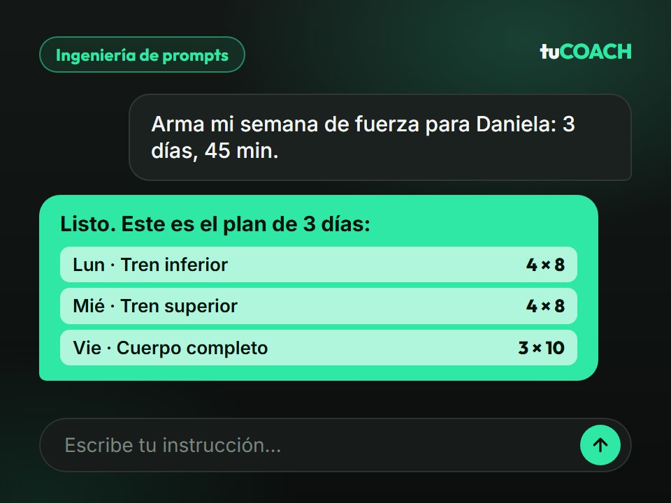 Conversación con un asistente de IA que arma un plan de fuerza de tres días