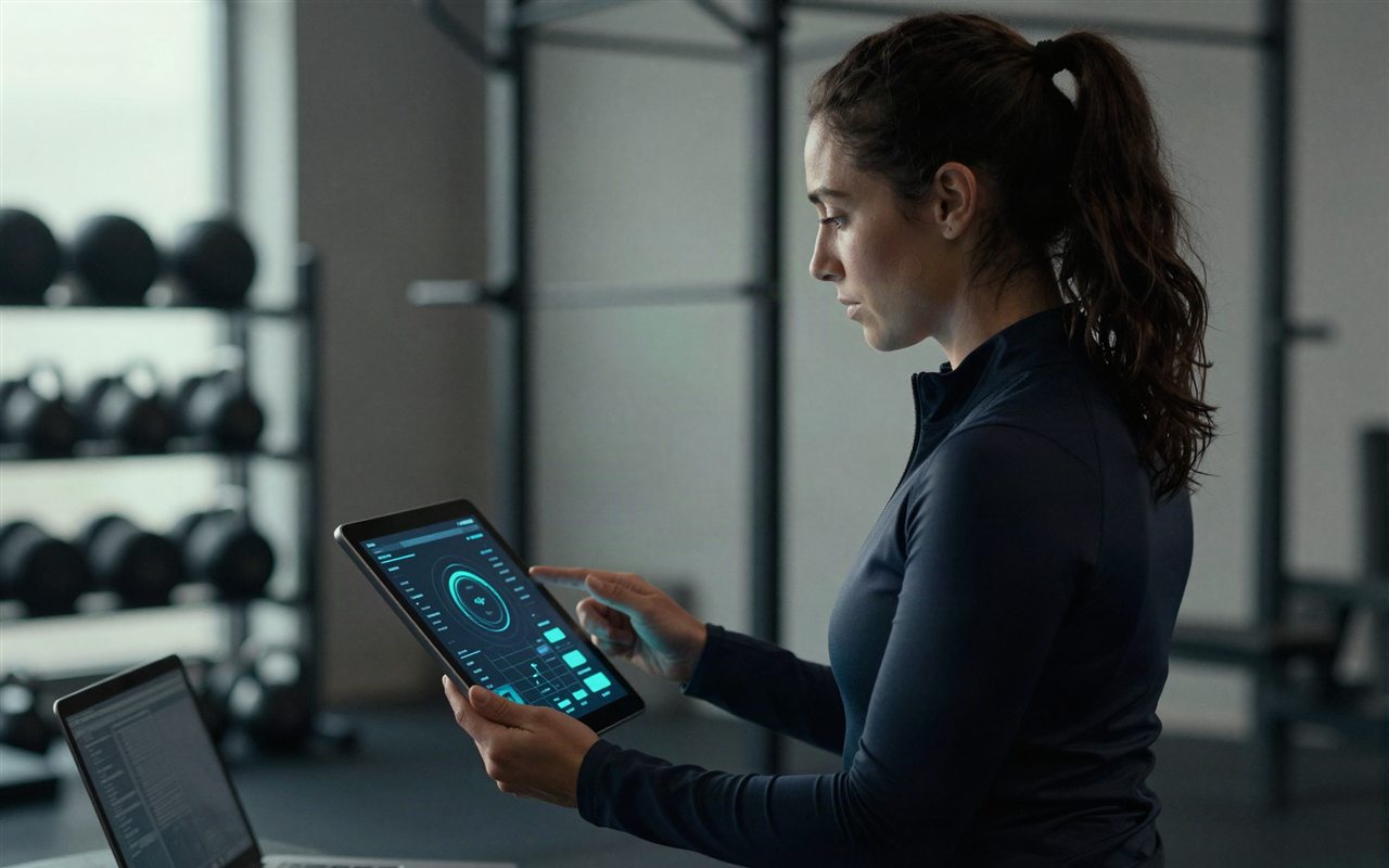 Entrenadora revisando su plan de entrenamiento con inteligencia artificial en una tableta, dentro de un gimnasio
