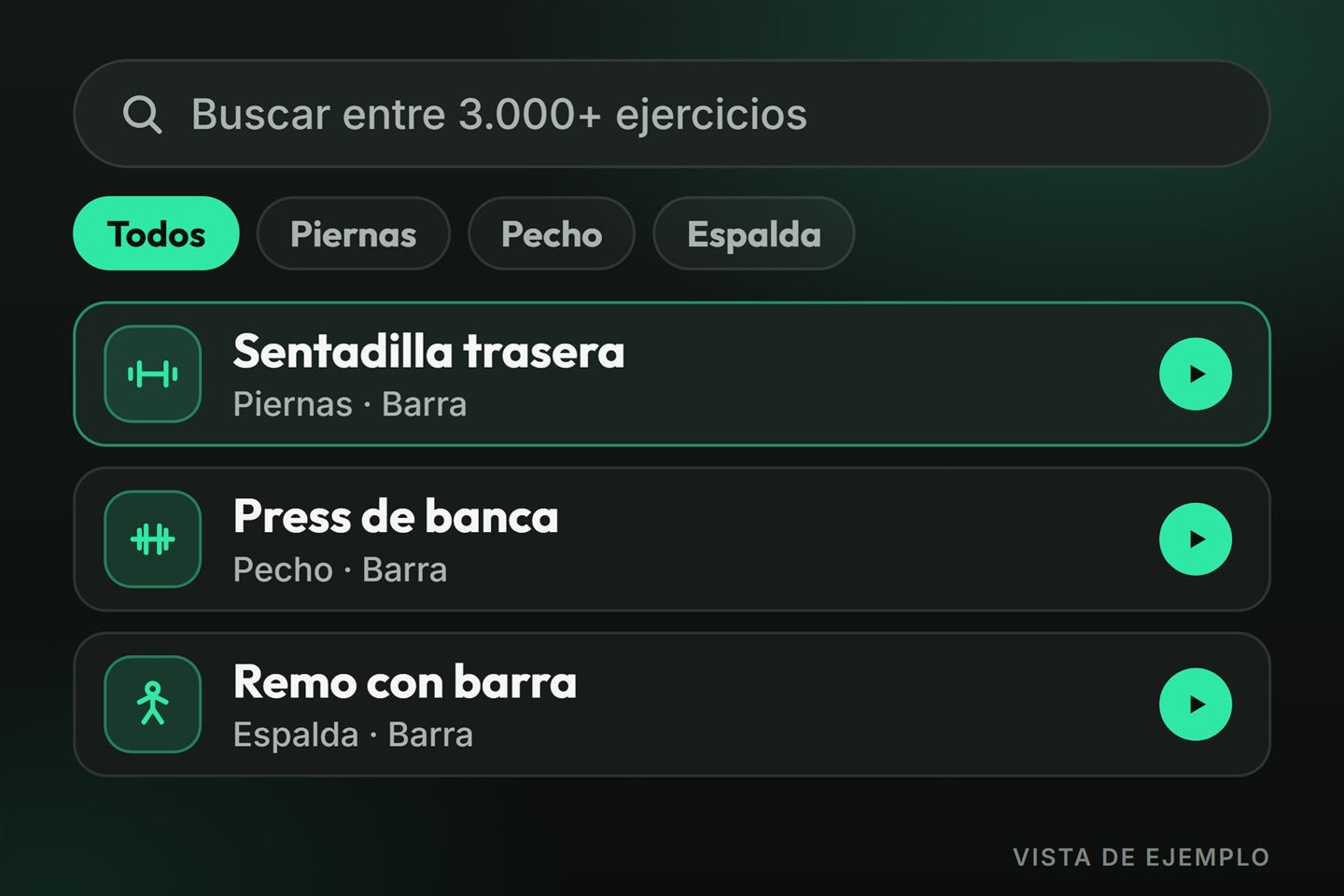 Vista de ejemplo de la biblioteca de ejercicios de tuCOACH con buscador, filtros por grupo muscular y ejercicios con video