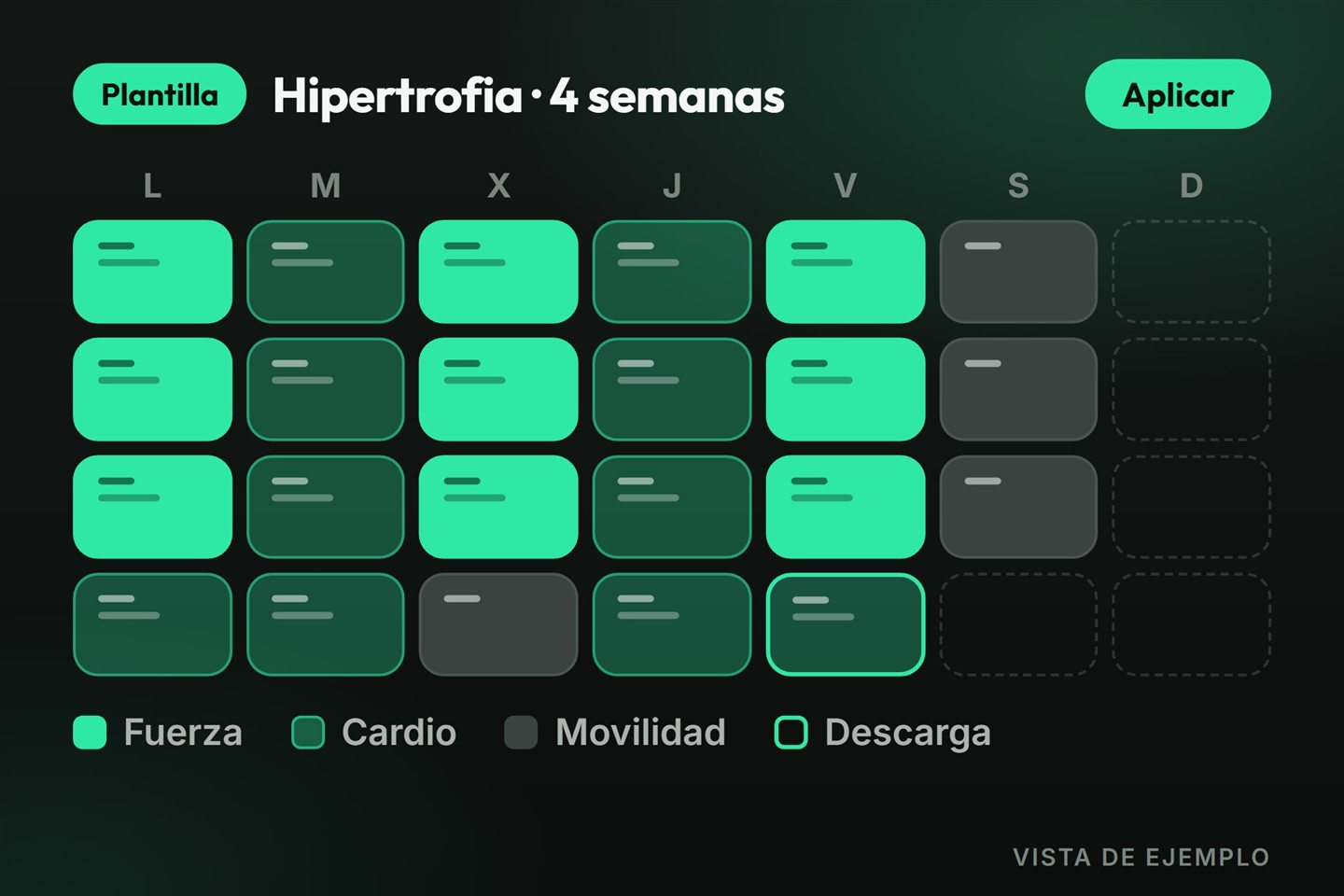 Vista de ejemplo de una plantilla de programación en formato calendario, con sesiones de fuerza, cardio y movilidad