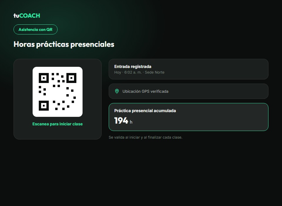 Vista de ejemplo del registro de asistencia por código QR y ubicación GPS