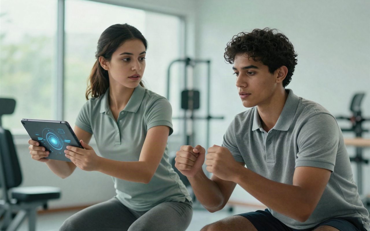 Dos estudiantes universitarios practicando una evaluación postural con una tableta, como parte de sus prácticas en tuCOACH